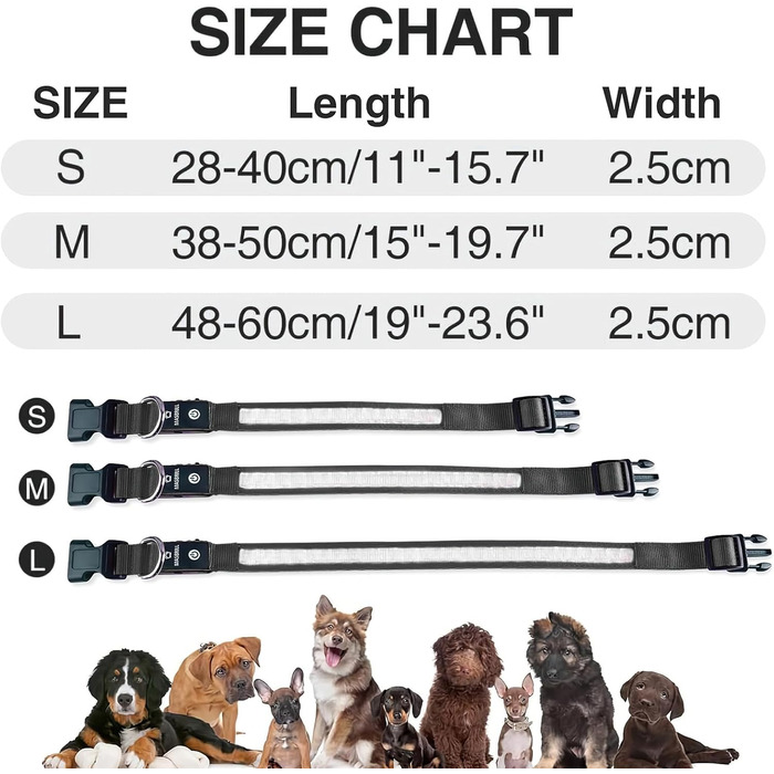 Світлодіодне нашийник для собак Masbrill, водонепроникний, з 3 режимами світіння, чорний, розмір S