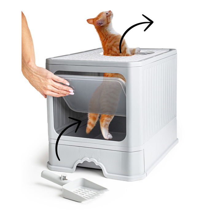 Закритий лоток-туалет для котів Be-Active.pl сірий, з висувною шухлядою та лопаткою