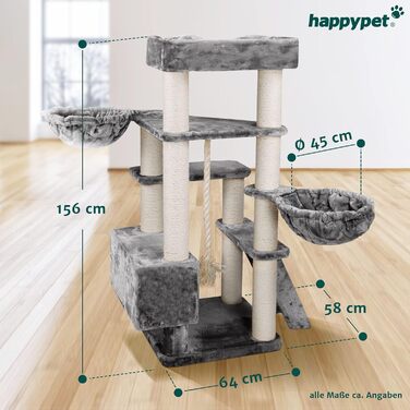 Дряпак для великих котів HAPPYPET Jacob XXL, стійкий кіт-дерево до стелі з сизалевими стовпами та товстою основою, ідеальний для великих порід