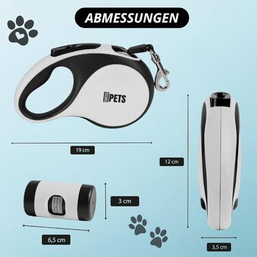 Висувна поводок для собак CORTESPETS® 5м для малих та великих собак до 50 кг - якісний рулонний поводок, висувна та гнучка пов'язка з зручною ручкою (Білий, M | 5м | до 30кг)