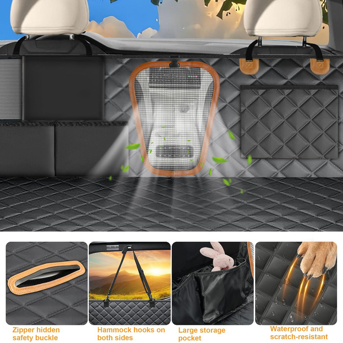 Захисний чохол на сидіння для собак з жорсткою основою, авточохол на заднє сидіння для собак з тримачем для планшета та складним мисником для їжі, водовідштовхуючий, підходить для автокрісла для дітей