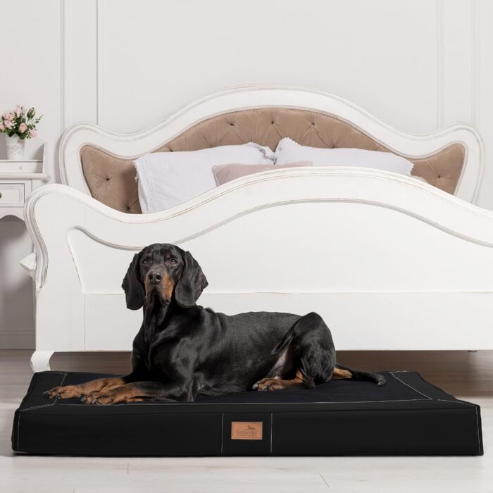 Ортопедичний лежак для собак Tierlando® Oscar VIP з екошкіри та велюру, з в'язкоеластичною піною, протиковзкий, 100x80 см, чорний