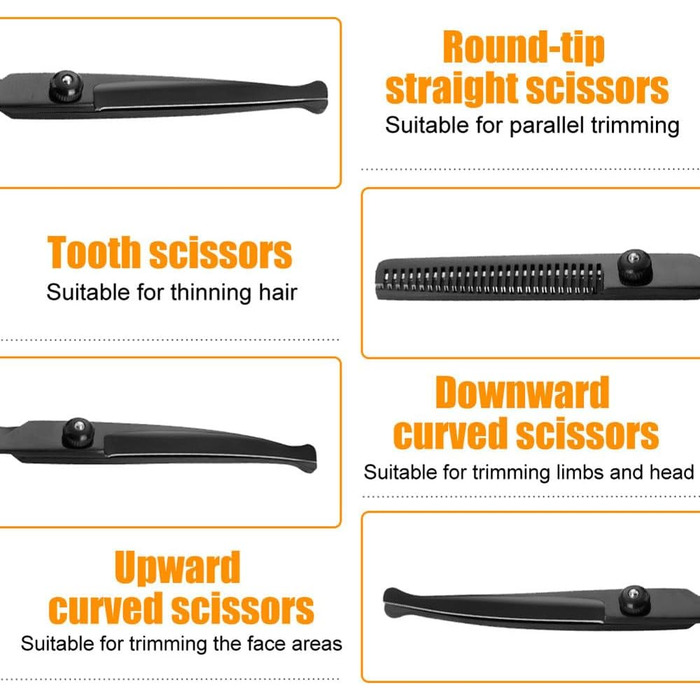 Набір професійних ножиць для собак 6-в-1 з круглим наконечником, чорний нержавіючий сталь, з серветкою для догляду за шерстю собак, котів та інших тварин
