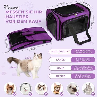 Транспортна сумка для кота/собаки TOFFCAEA, переноска для тварин, складана, 5кг, для середніх собак та котів (L 50 x B 34 x H 34 см, фіолетовий)