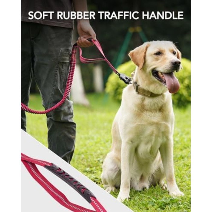 Тактична повідок для собак Joytale, еластична (bungee) повідок з 2 м'якими ручками, кріплення для автомобіля, повідок без ривка для середніх, великих та дуже великих собак (1.2м-1.8м, світорожевий)
