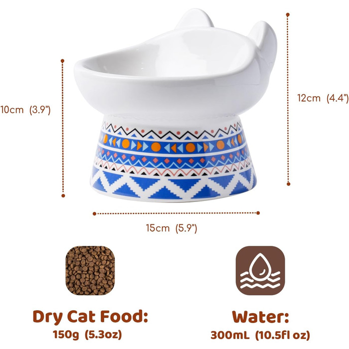 Котло propositions для котів TIGOADT: керамічна годівниця з підставкою, широка та нахилена, проти блювоти, для кошенят та дорослих котів (блакитно-білий візерунок, візерунок Бохо)