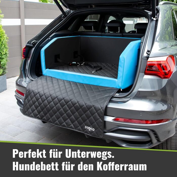 Лежанка для собак у багажник CopcoPet: 70x55x38 см, штучна шкіра, захист багажника, водовідштовхувальна, стійка до подряпин, з захисним покриттям, антиковзаюча, міцна, для подорожей (Блакитний/Сірий, 100x70 см з системою ременів)