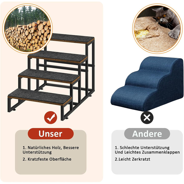 Смусей Сходинки для домашніх тварин: собачі та котячі, 4 сходинки, стабільна конструкція з дерева та металу, протиковзке покриття, для диванів, ліжок, балконів, 60x40x43 см, коричневий