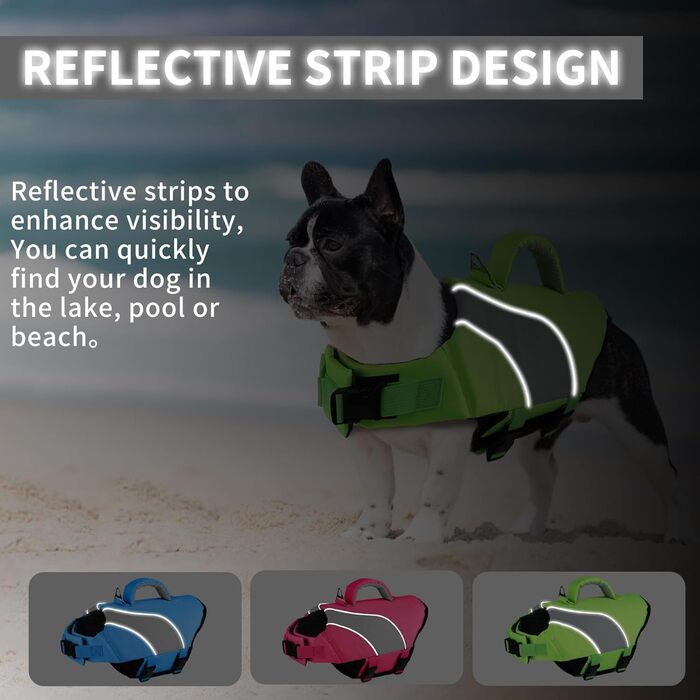 Жилет для плавання собак Doglay, регульований та світловідбиваючий, для плавання та катання на човні, висока плавучість, безпечний жилет з ручками для рятування та D-подібним кільцем, середнього розміру, флуоресцентний зелений та сірий