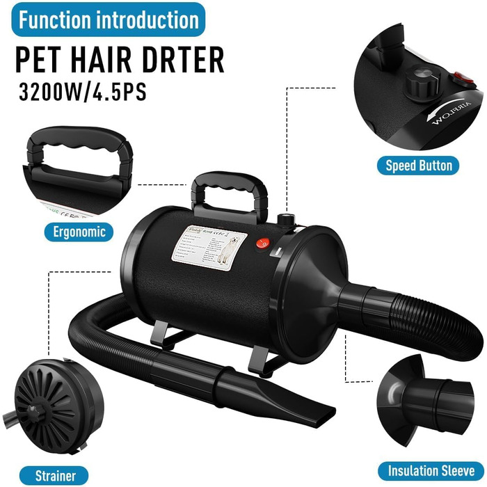 Фен для собак Blower - тихий, 4.5 PS / 3200W, регульована швидкість, 4 насадки, шланг, щітка (чорний)