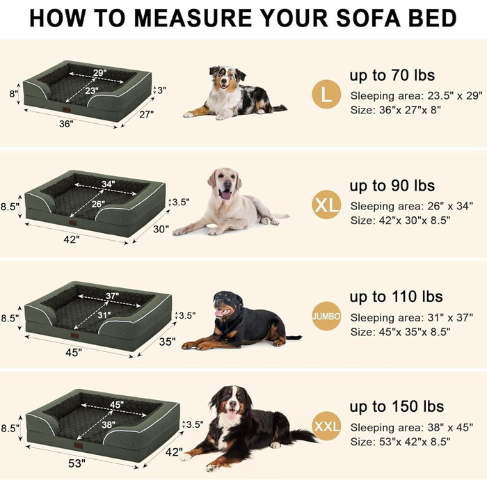 Ортопедичне ліжко для собак XXL, вологостійке, з Memory Foam, велике, 134 x 107 см, антиковзаюча підставка, зручне ліжко-диван для великих собак, темно-зелене