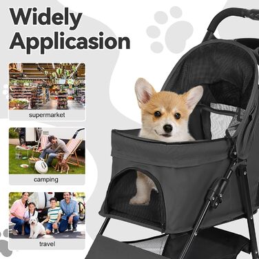 Складаний візок для тварин та дітей з колесами на 360°, кошиком для зберігання, міцним металевим каркасом та дихаючими сітковими віконцями – портативний переносник для котів та собак до 22 кг, чорний