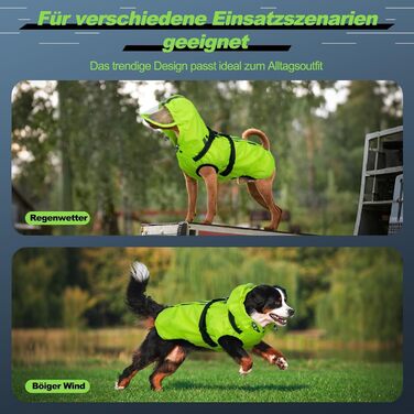 Водонепроникний дощовик для собак, дощова куртка з світловідбиваючими смугами, нагрудник H-подібної форми (D-кільце) та знімний капюшон з візором, ідеально підходить для собак середніх та великих порід [Неоновий зелений, розмір 3XL] 3XL Зелений