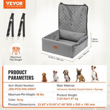 Автокрісло для собак VEVOR - підйомник для собак у машину з кишеню, страхувальний поводок, наповнювач з губки та PP-бавовни, автоліжко для собак малого та середнього розміру до 18 кг