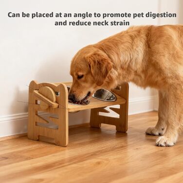 Підвищена годівниця для собак RLAVBL з бамбука, регульована, для повільного годування, з 2 нержавіючими мисками, антиковзаючі підкладки, для собак та котів