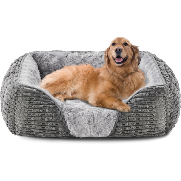 Велике собаче ліжко з неслизьким дном, кошик для собак/диван для домашніх тварин з тканини корд, піднятий борт, для лабрадора, німецької вівчарки, 89x64x23 см, сірий колір