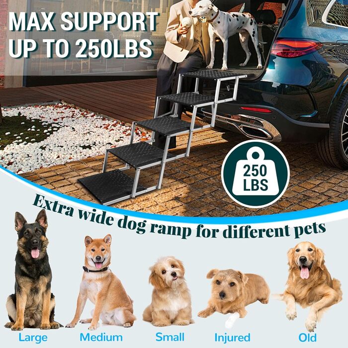 Східці для собак у машину: розкладні, для великих собак (до 113 кг), захист суглобів, металеві та тканинні, 6 сходинок, антиковзаючі, срібні