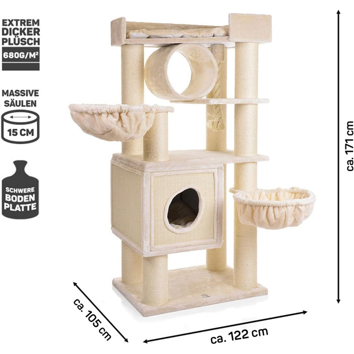 Когтеточка для котів CanadianCat Victoria XXL, преміум, з двома гамаком, беж, 122x105x171 см