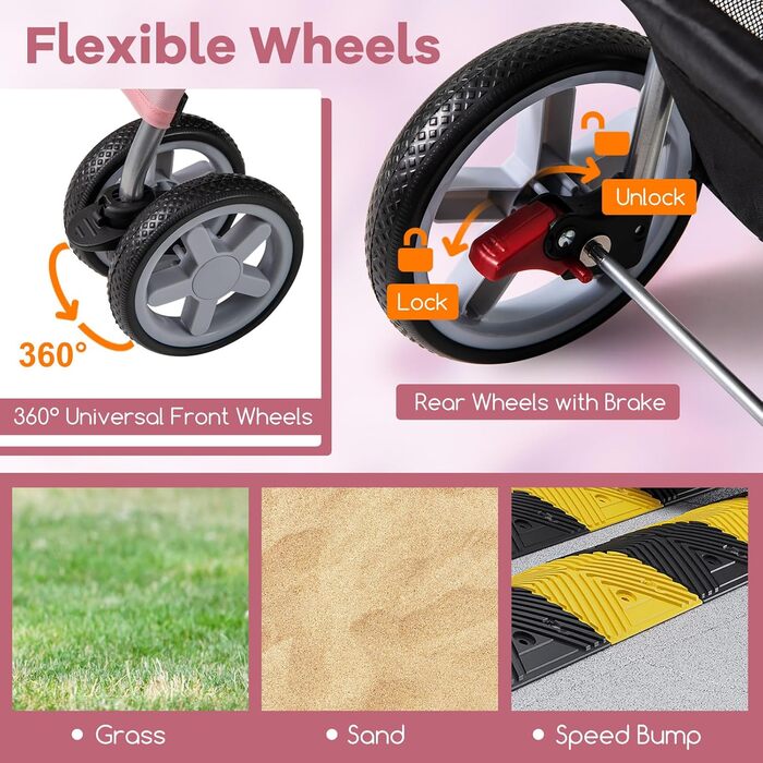 Собачий візок SOARS для собак до 15 кг, розкладний, з сітчастими віконцями, тримачем для напоїв та кошиком для зберігання, для маленьких тварин (Рожевий)