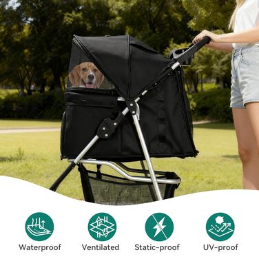 Візок для собак та котів YITAHOME 15 кг, чорний, з трьома колесами, сітчастим вікном та гальмами