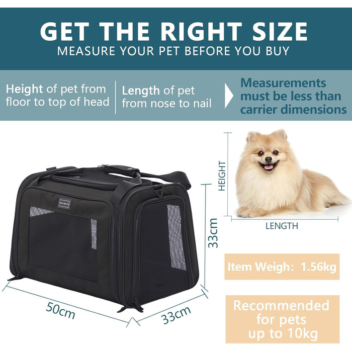 Транспортна сумка для котів та собак Petsfit - складана переноска для тварин з м'яким килимком, 47.5 x 33 x 33 см, чорна