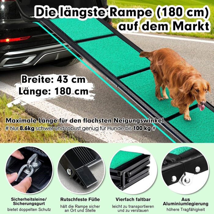 Рампа для собак у машину, складана, 180 см, антиковзаюча поверхня, для великих собак (до 100 кг), SUV та позашляховиків