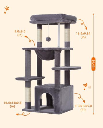 Котячий комплекс Taoqimiao 100 см, дім-кіготька для домашніх котів, розкішна котяча будка з м'яким гамаком і лежанкою, MS027G, димчасто-сірий
