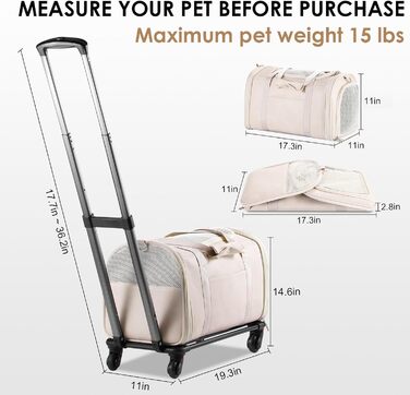 Сумка-переноска для тварин з екошкіри на колесах, для собак та котів до 6,8 кг, дозволена для перевезення в літаку, для подорожей, кемпінгу (Білий/Опудаловий сад)