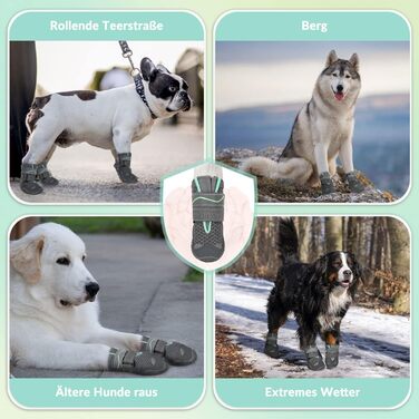 Шкарпетки для собак SlowTon - захист лап, 4 шт. - дихаючі, з антиковзкою підошвою, регульовані, світловідбиваючий кріплення. Підходять для собак маленьких, середніх та великих порід. Колір: сірий. Розмір 4: ширина 5.5 см