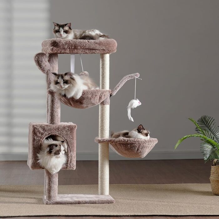 Кігтеточка-комплекс для котів Heybly HCT006SW, 100 см, з платформою, гротоподібною печерою та гамаками, коричнево-бежевий