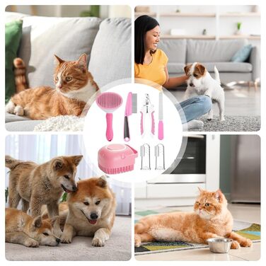 Набір для догляду за шерстю котів та собак: щітка, триммер для нігтів, гребінець від бліх, 2 зубні щітки (рожевий)