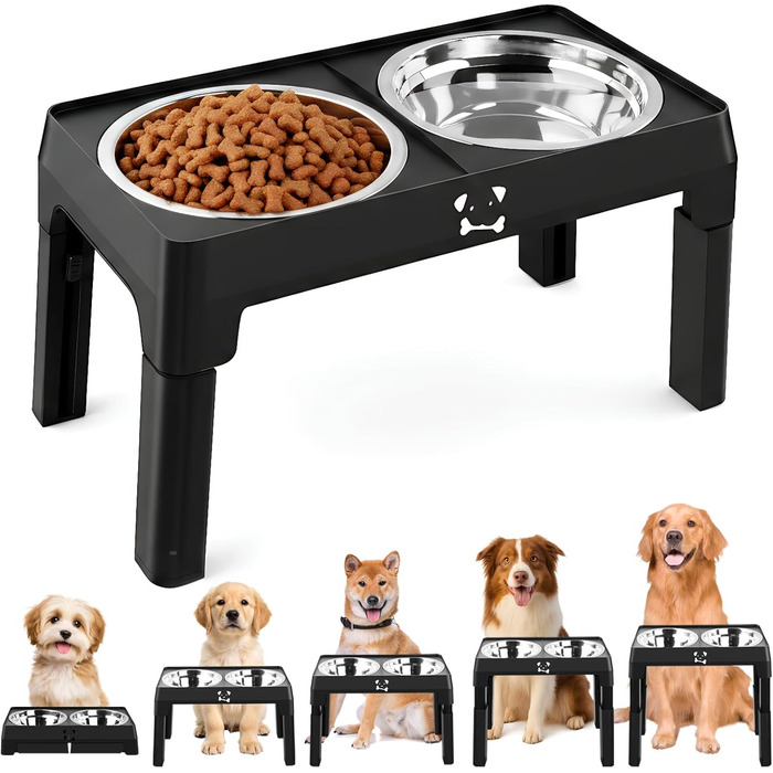 Підвищений годівниця для собак з регулюванням висоти, 5 рівнів, для малих, середніх та великих собак, годівниця-станція з 2 мисками з нержавіючої сталі, складна та протиковзка, для здоров'я суглобів та без BPA