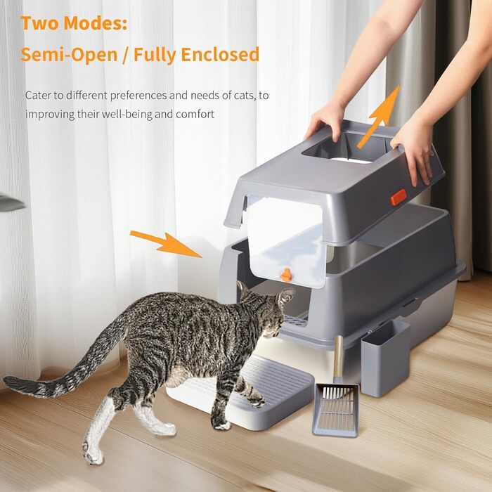 Лоток для котів BingoPaw з кришкою: нержавіюча сталь, XXL, великий лоток з двома фільтрами, високий борт, антивитік, сірий