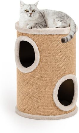 Котячий кігтетоп Lionto з сизалю з іграшковим м'ячиком та плюшевим обідком, висота 50 см. Стабільний кігтетоп для кошенят та дорослих котів, ідеальний догляд за кігтями та розваги, багато місць для ховання, діаметр 36 см, висота 50 см (джут).