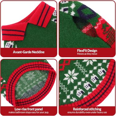 Світер для собак KONVINIT з різдвяним дизайном (олень, сніжинки, ялинка). Теплий різдвяний костюм для собак, зелений, XXL (71 см обхват грудей)