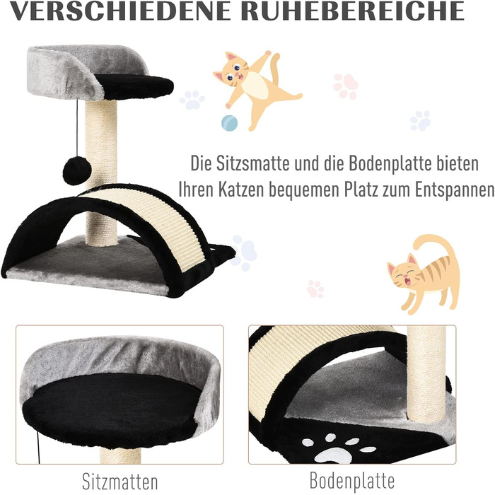 Кігтеточка для котів PawHut - кігтеточка-дерево з іграшками, чорна, 35,5 x 37 x 46 см