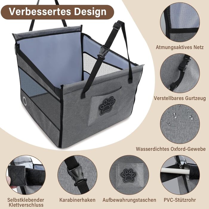 Автокрісло для собак - сіре автокрісло для малих та середніх собак, водовідштовхувальне, з сіткою та ременем безпеки, складане, підходить для будь-якого авто