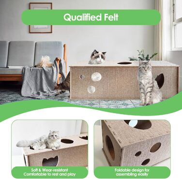 Туннель для котів Homegroove, великий філц L-подібної форми, інтерактивний, DIY, з отворами для спостереження (Бежевий, Прямий)