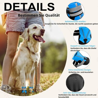 Взуття для собак, 4 шт. Водонепроникні чоботи для собак з антиковзкою підошвою та світловідбиваючим кріпленням, для маленьких, середніх та великих собак (XXL, Синій)