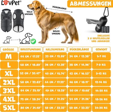 LOVPET® Зимова куртка для собак 2XL, антрацит, утеплена та водонепроникна з вбудованим шлеєю, світловідбивачами, D-кільцем, 45 пакетів для прибирання та диспенсером