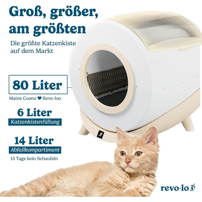 Revo-loo one — автоматичний самочистний туалет для котів, електричний, для кількох котів 1-13 кг, 80 л, з керуванням через додаток, герметичний, мінімальне обслуговування