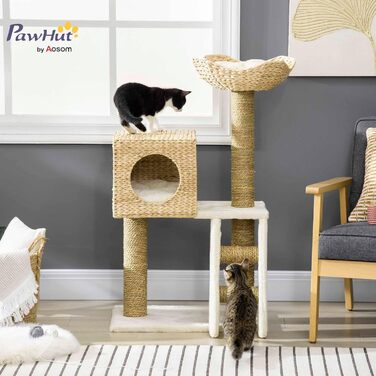 PawHut Когтеточка для котів 100,5 см з будиночком, лежаком, драбинкою, подушкою та сизалевими стовпчиками, для котів до 4,5 кг, натуральний колір