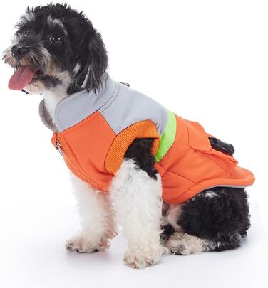 Водонепроникна тепла куртка для собак маленьких та середніх порід. Зігріваючий зимовий одяг для собак, захисна жилетка з отвором для повідка та кишенями. Відбиваюча куртка (Помаранчевий/Сірий, S)