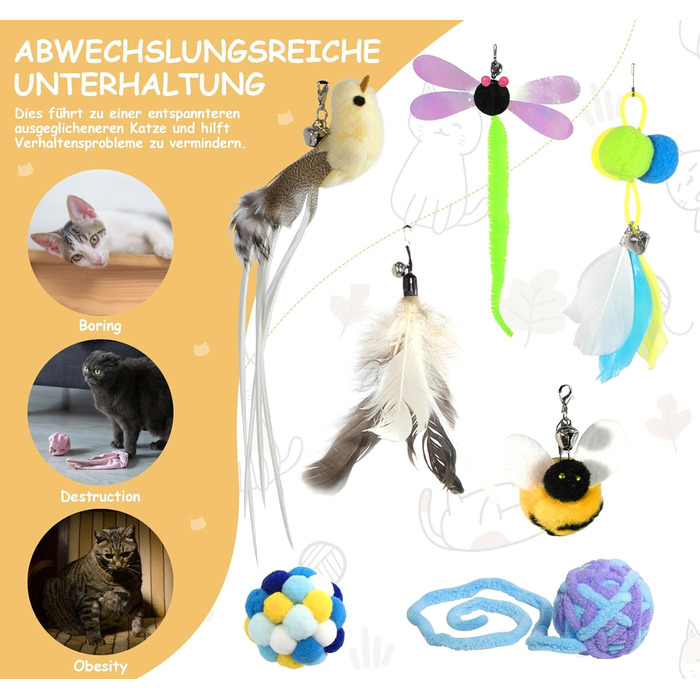 Інтерактивна іграшка для котів Hengsong: 2 шт. з дзвоном, пір'ям, м'ячиком. Розвиваюча іграшка для котів, кольорова, сучасна