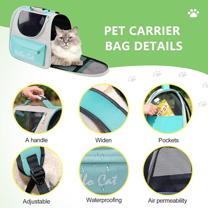 Рюкзак для тварин Surmounty з сіткою, складаний рюкзак для кота/собаки з мискою для подорожей, водонепроникний оксфорд, до 15 кг (зелений)