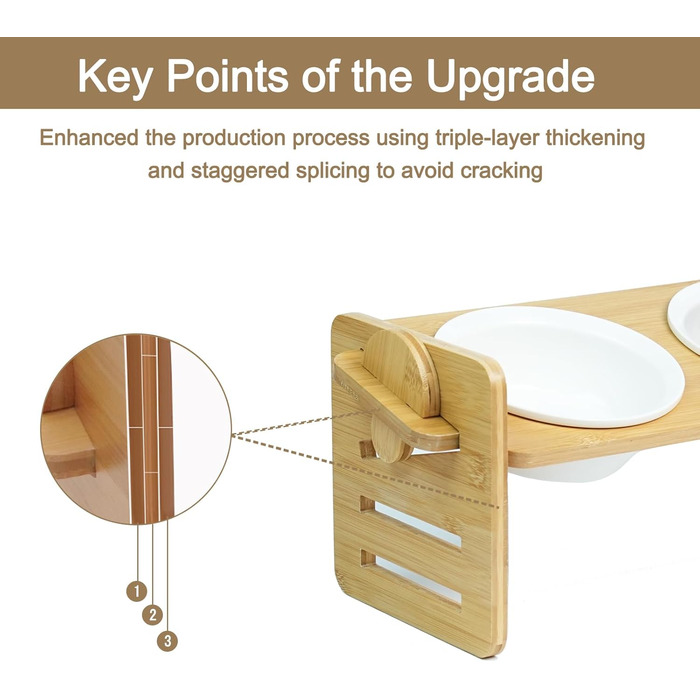 Підставка для корму для собак та котів, регульована висота, керамічна миска з бамбуковим підставкою, нахилена платформа для котів та маленьких собак (40*16)