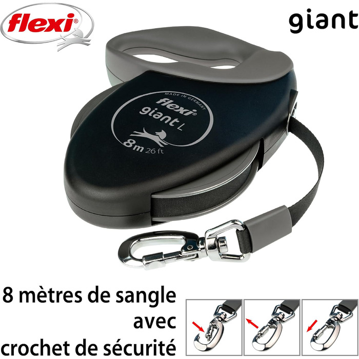 Flexi Giant Plus 8 м рулетка для собак до 25 кг, неонова стрічка, підвищена видимість, міцна та ергономічна система гальмування, чорна
