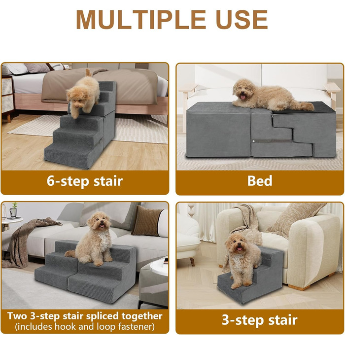 Сходинки для собак - 6-ступенева сходинка для високих ліжок, з високощільним пінопластом, неслизьке покриття, знімне та пральне покриття для собак