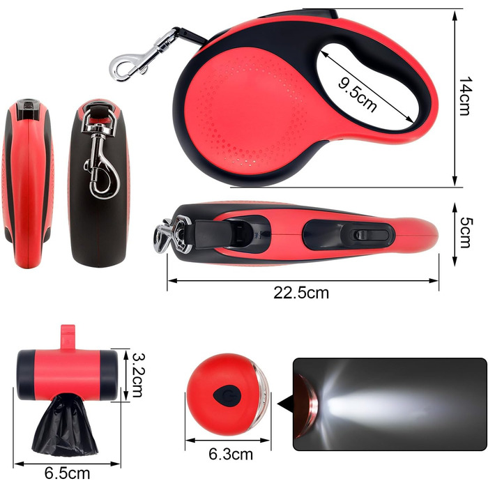 МоYouno Висувна поводок для собак 8 м з тримачем для відходів, червоний