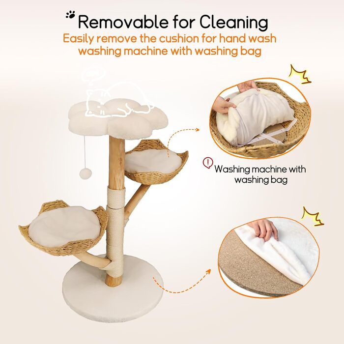 Кігтеточка BingoPaw Modern для котів: дерев'яна кігтеточка 111 см з 2 кошиками з лози, сизалевим стовпом, платформою та плюшевим м'ячиком. Велика кігтеточка-вежа для кількох котів.